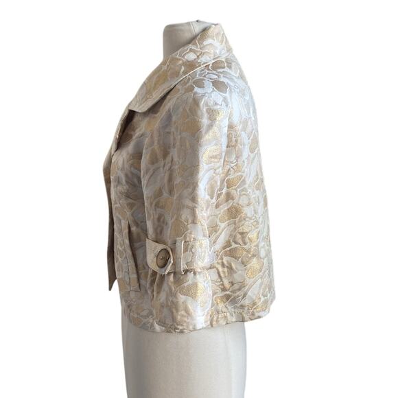 VINTAGE CACHE Cropped Jacket Womens Sz 4 Gold Jacquard Floral Print Flounce - Picture 5 of 8